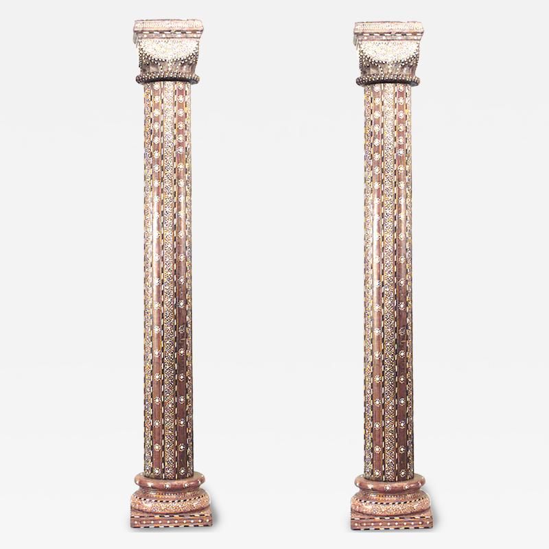 Pair of Middle Eastern Syrian Teak and Inlaid Columns