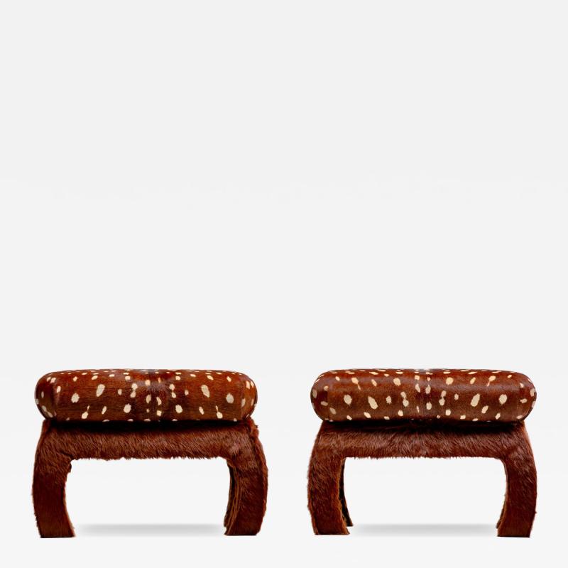 Pair of Ming Ottomans in New Hand Sewn Deer Print and Cinnamon Cowhides