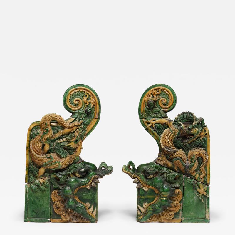 Pair of Ming Sancai Chiwen Roof Tiles