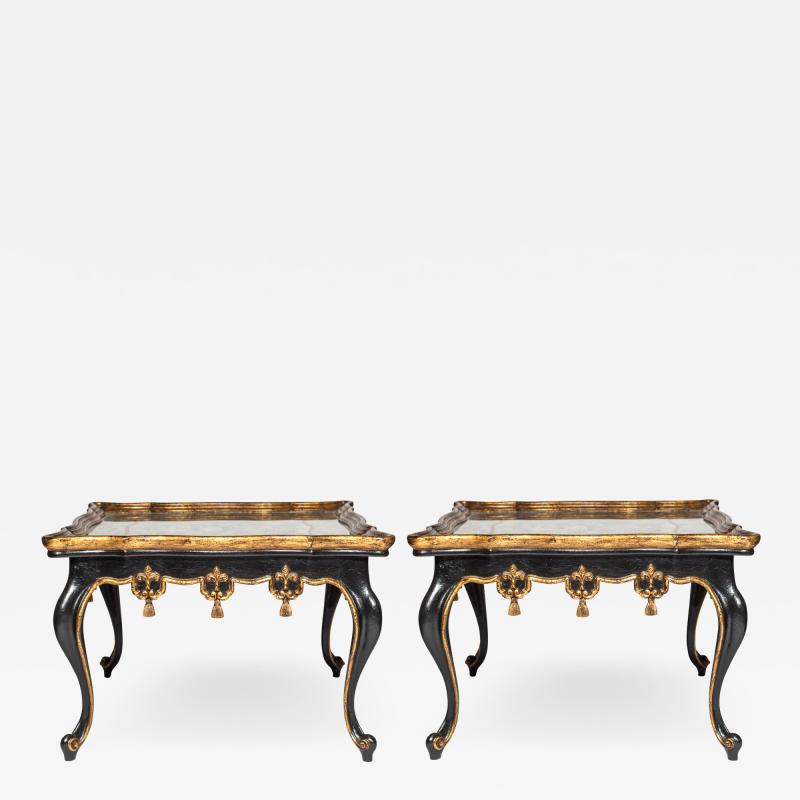 Pair of Mirrored Verre glomis Black and Gold Carved Tables