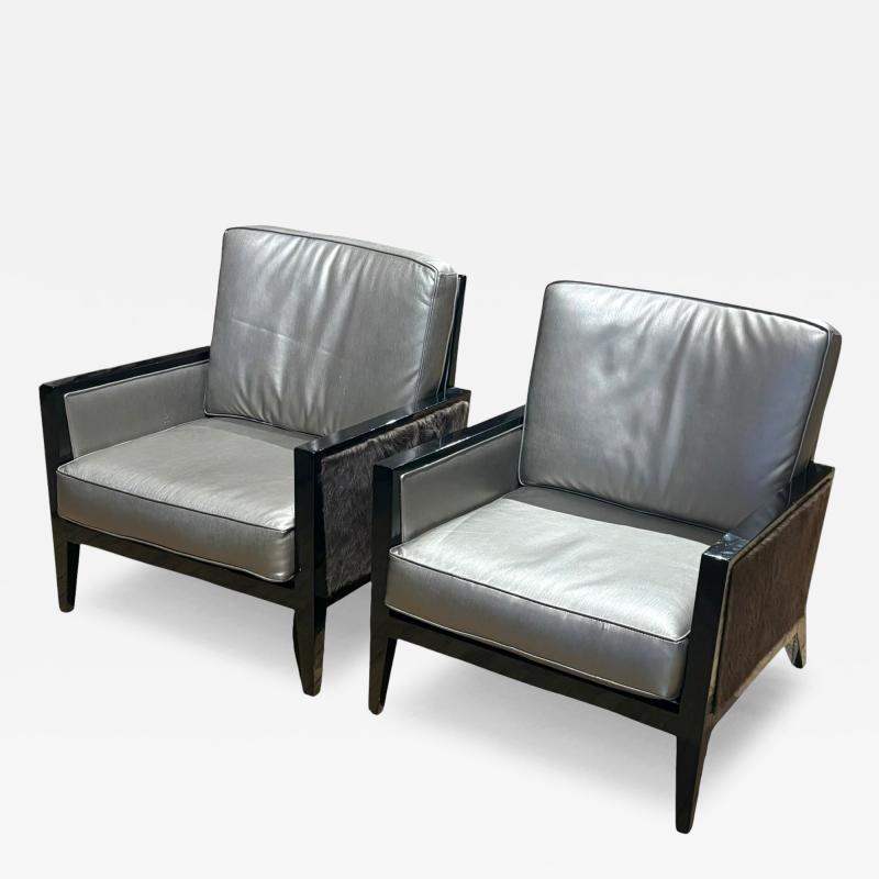 Pair of Modern Black Lacquer Chairs with Fur Accent