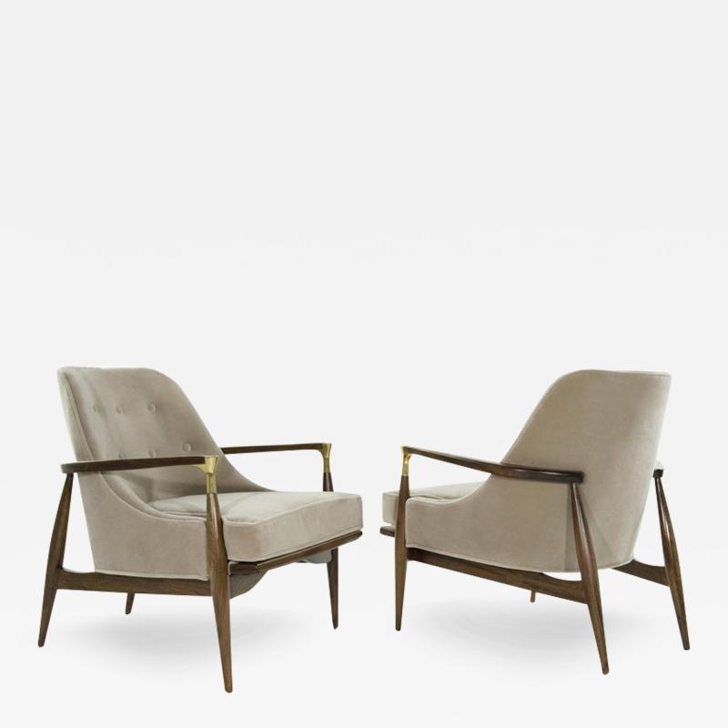 Pair of Modern Brass Accented Walnut Lounge Chairs 1950s