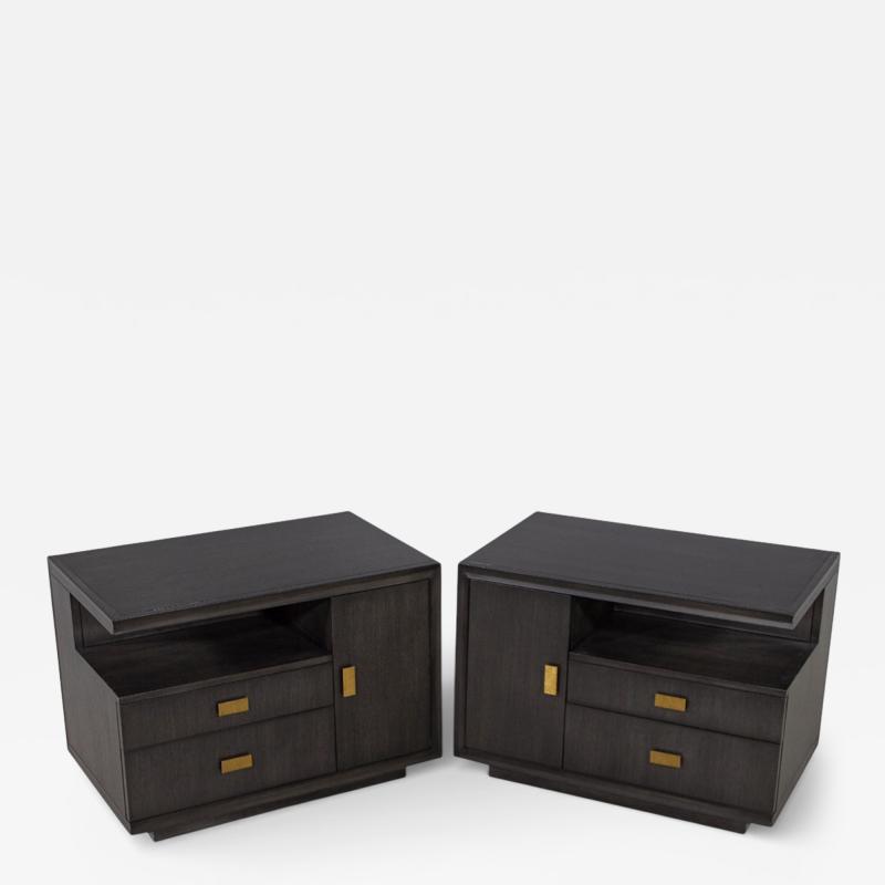 Pair of Modern End Table in Grey Charcoal Finish and Bronzed Hardware