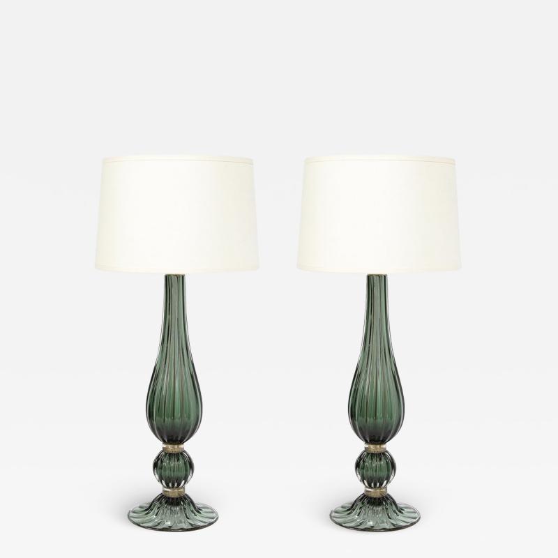 Pair of Modern Hand Blown Murano Green Glass Table Lamps with 24 Karat Gold