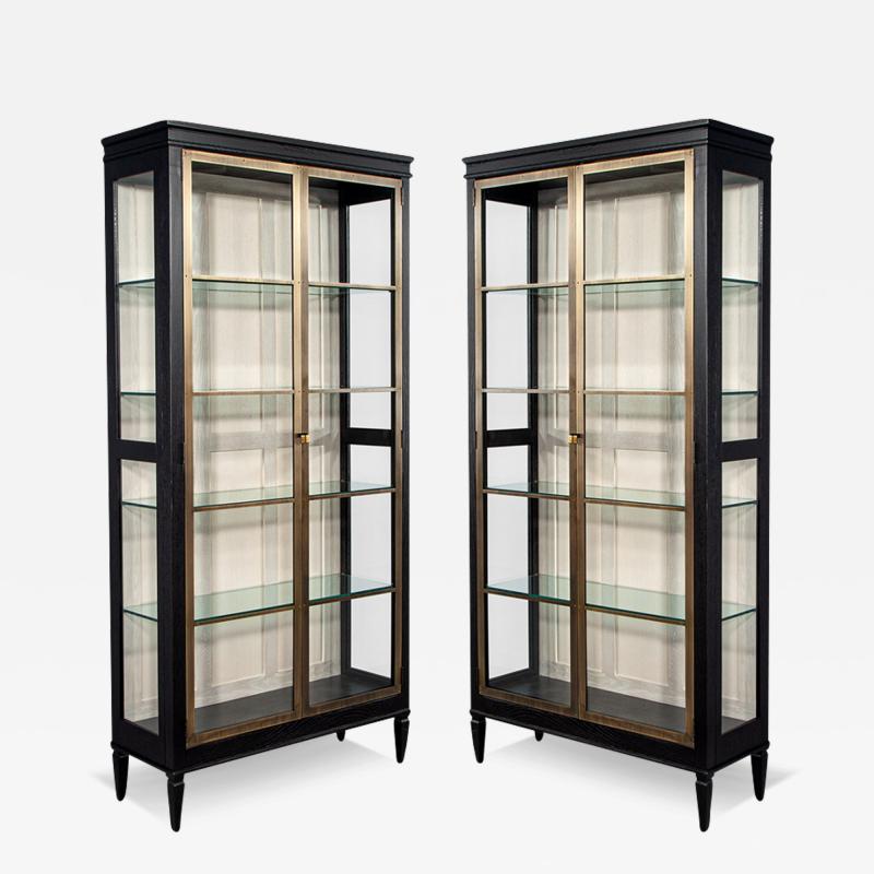 Pair of Modern Oak and Brass Bookcase Cabinets