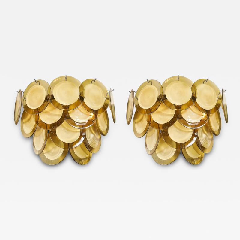 Pair of Modernist 14 Disc Sconces in Hand Blown Murano Topaz Glass