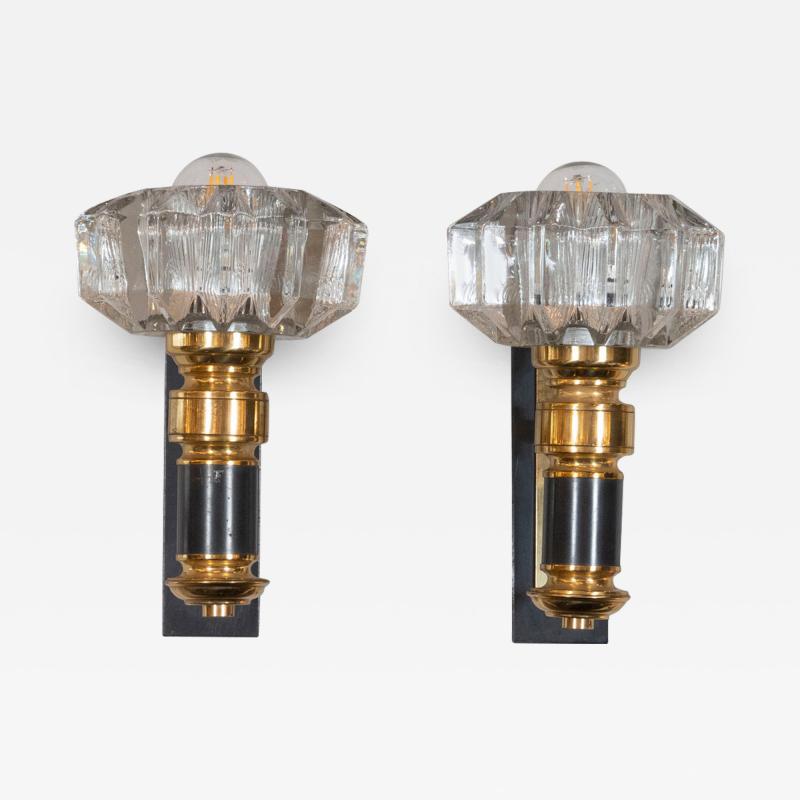 Pair of Modernist Brass Handblown Clear Murano Glass Black Enamel Sconces