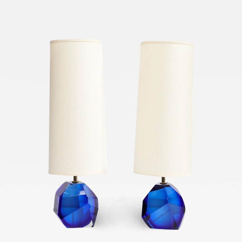 Pair of Modernist Faceted Hand Blown Murano Glass Table Lamps in Sapphire