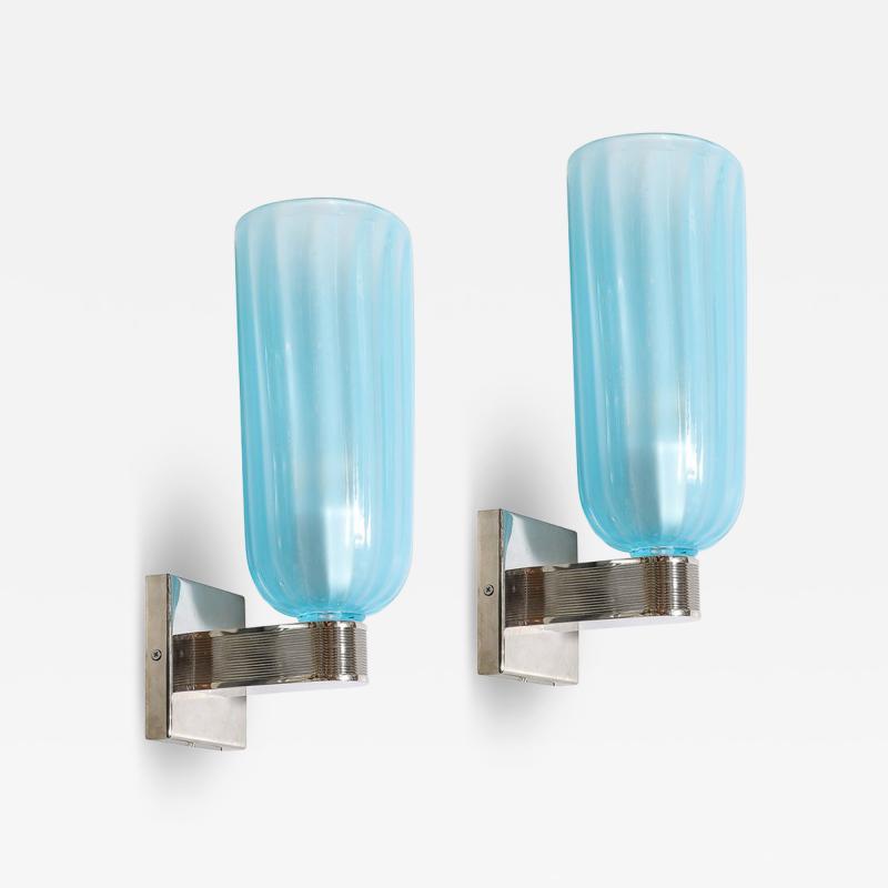 Pair of Modernist Hand Blown Murano Arctic Blue Fluted Glass Sconces Nickel