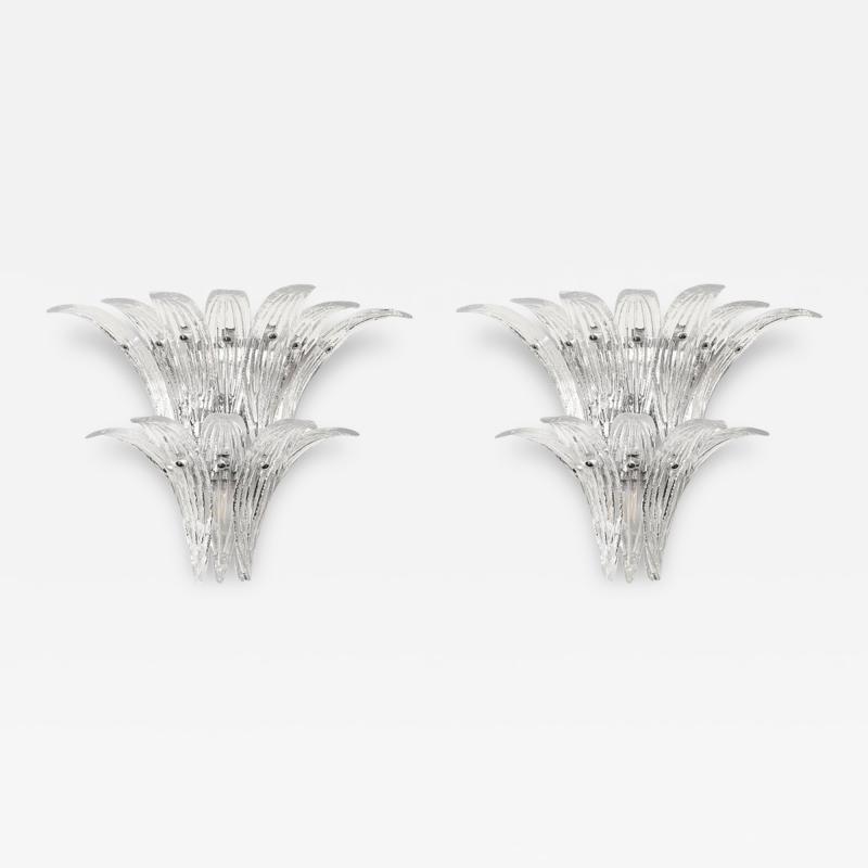 Pair of Modernist Hand Blown Murano Clear Glass Nickel Fitted Palma Sconces