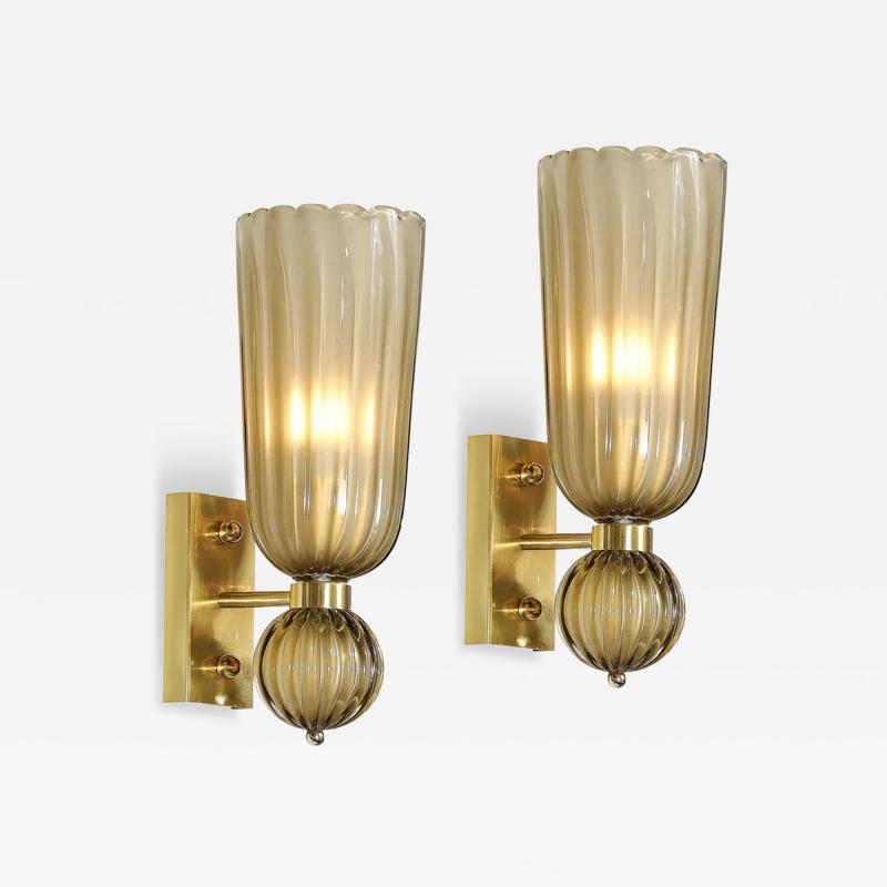 Pair of Modernist Hand Blown Murano Fluted Glass Sconces in Frosted Smoked Topaz