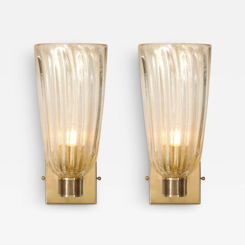 Pair of Modernist Hand Blown Murano Fluted Glass Sconces w 24kt Gold Flecks