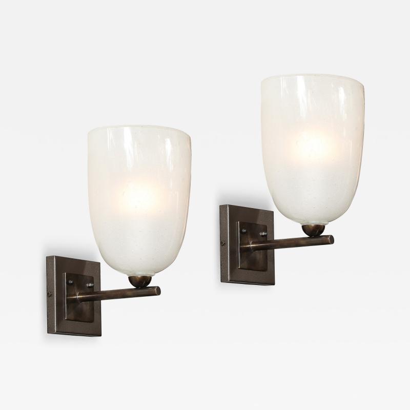 Pair of Modernist Hand Blown Murano Glass Pulegoso Sconces in Oil Rubbed Bronze