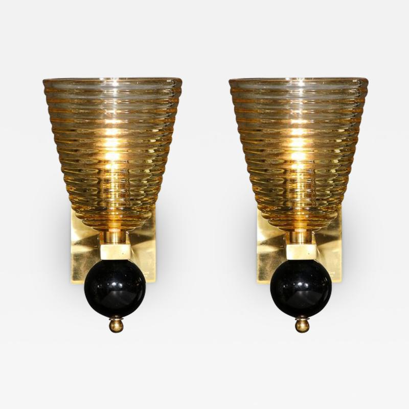Pair of Modernist Hand Blown Murano Hive Glass Form Sconces w Jet Black Orbital