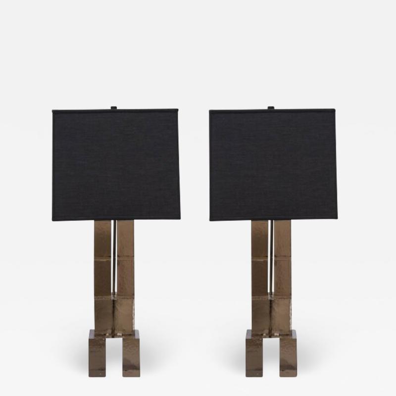 Pair of Modernist Hand Blown Murano Smoked Glass Rectilinear Totem Table Lamps