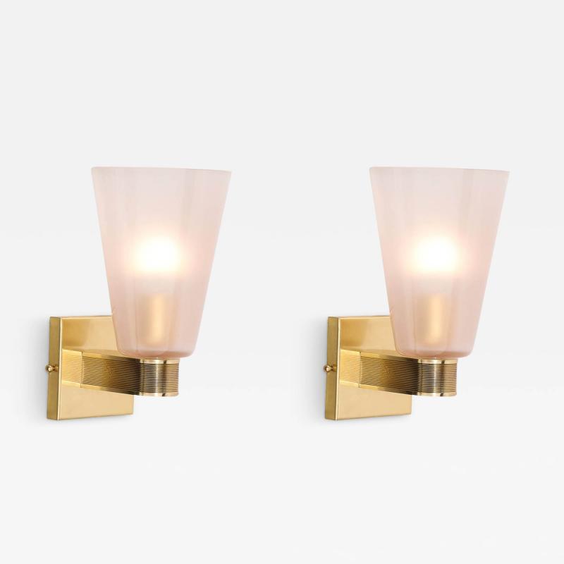 Pair of Modernist Hand Blown Murano Smoked Pink Glass w Reeded Brass Sconces