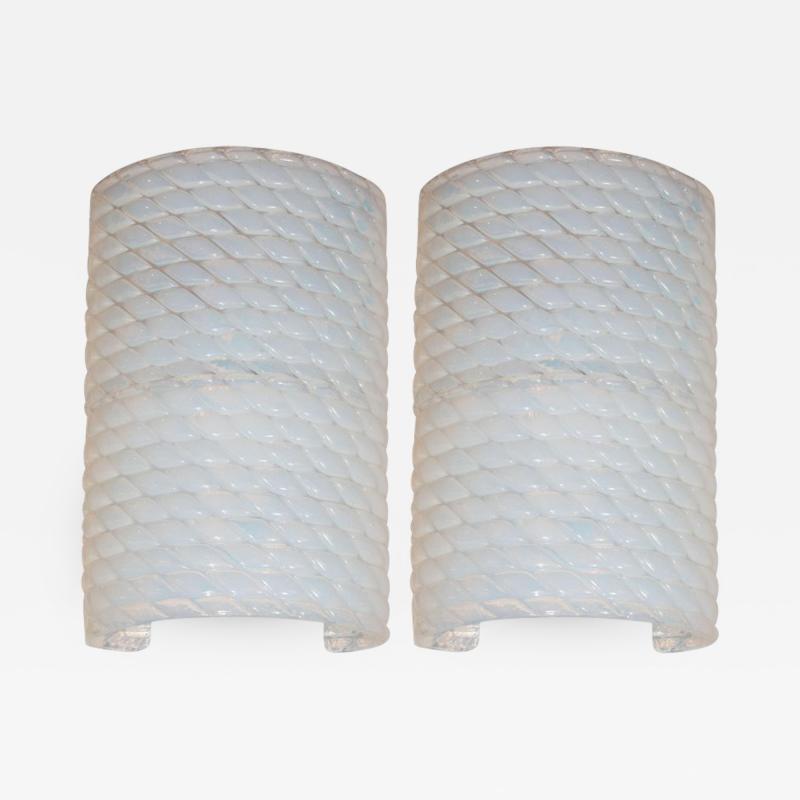 Pair of Modernist Handblown Murano Braided Opalescent Glass Curved Sconces