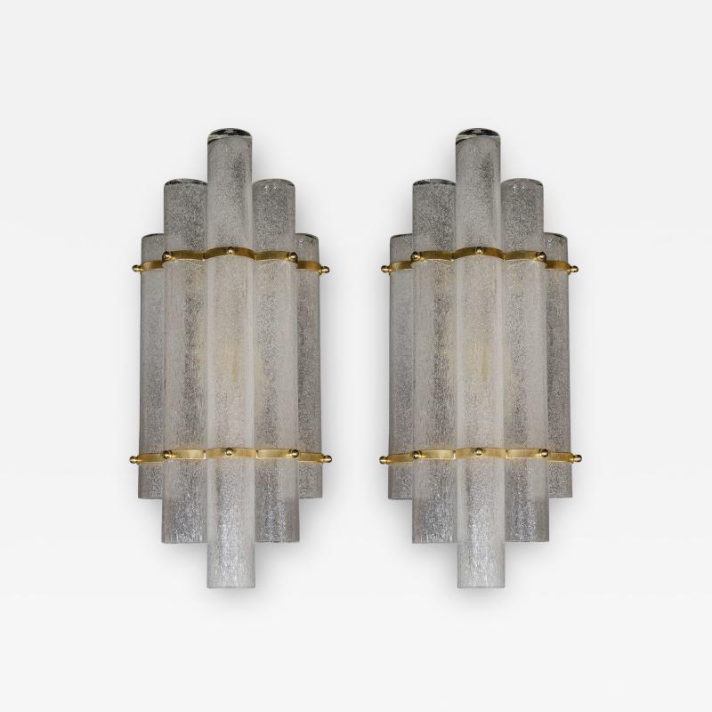 Pair of Modernist Handblown Murano Glass Pulegoso Sconces in Brushed Brass