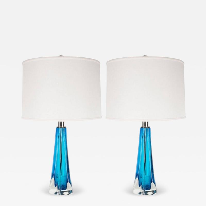 Pair of Modernist Handblown Murano Pale Sapphire Translucent Glass Table Lamps