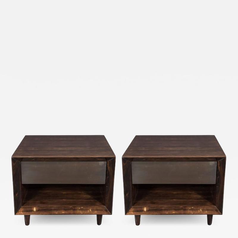 Pair of Modernist Macassar Nightstands End Tables with Bronze Paneled Drawers