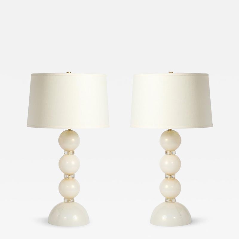 Pair of Modernist Pearl White Murano Glass Table Lamps with 24 Karat Gold Bands