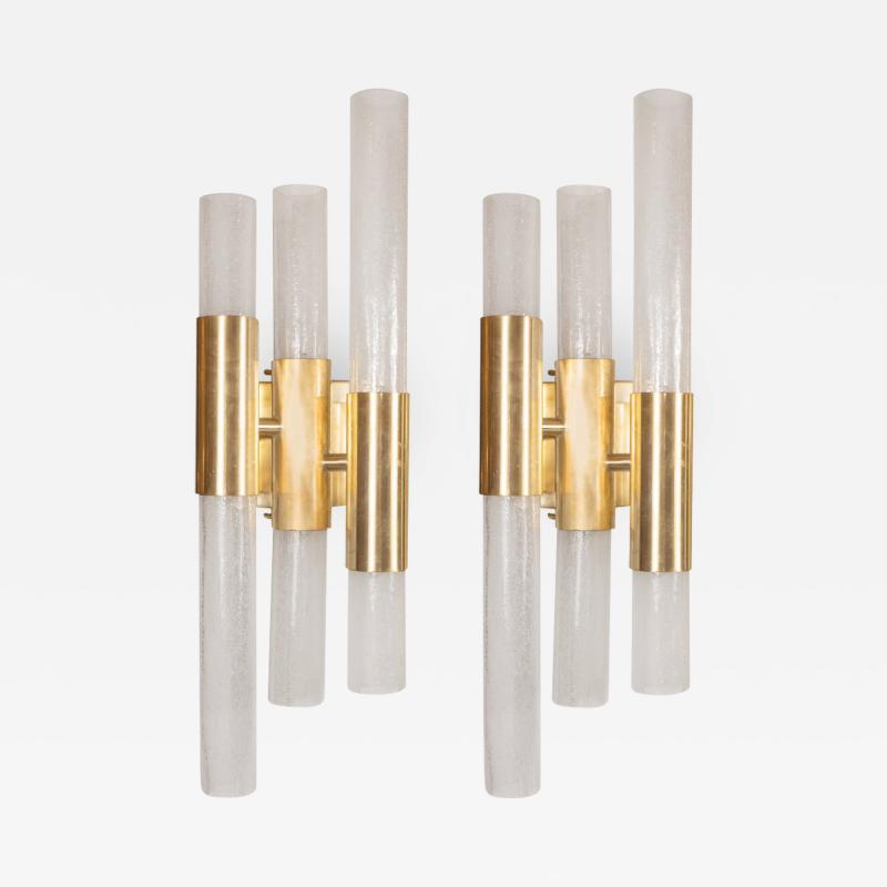 Pair of Modernist Pulegoso Sconces with Handblown Murano Shades Brushed Brass