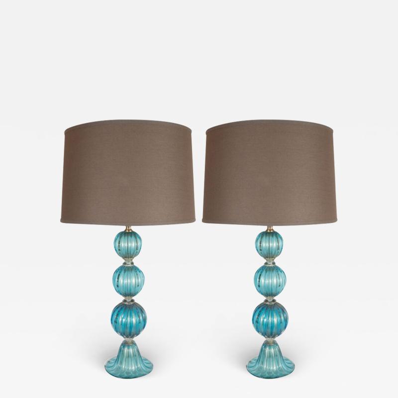 Pair of Modernist Ribbed and Banded Turquoise Table Lamps with 24kt Gold Flecks