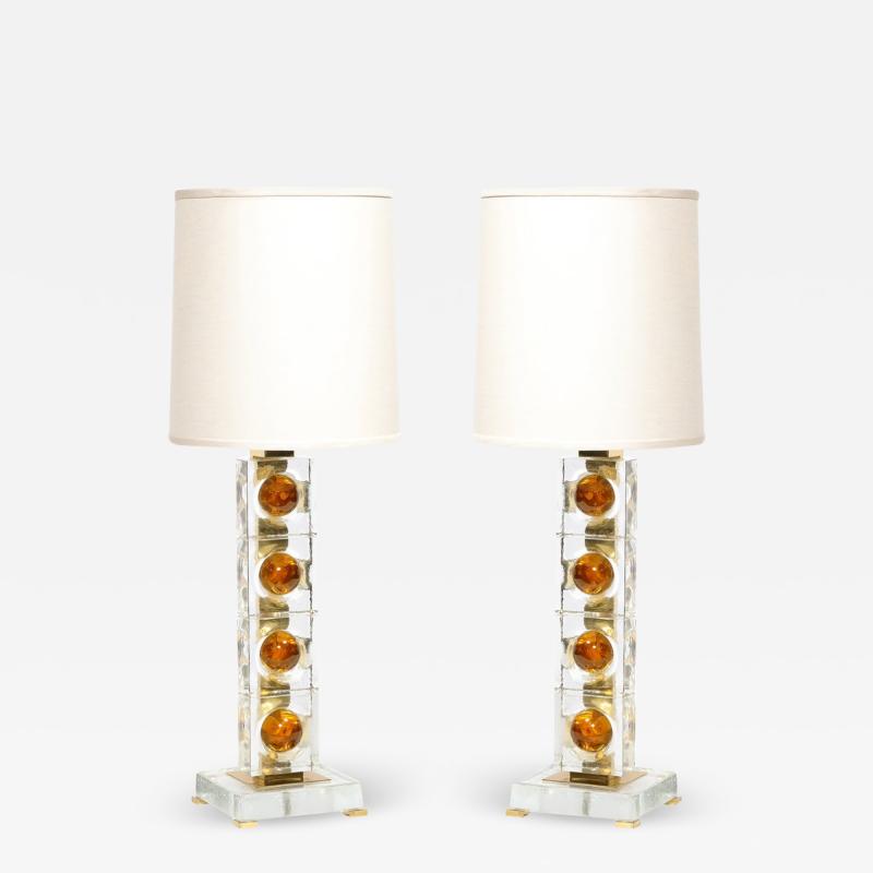 Pair of Modernist Stacked Sphere Table Lamps in Amber Translucent Murano Glass