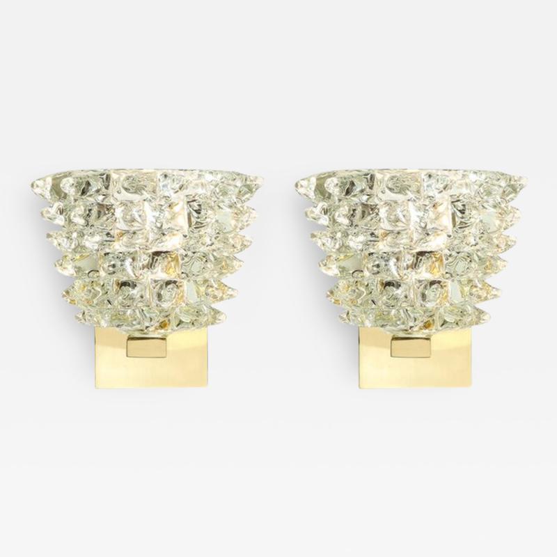 Pair of Modernist Transparent Murano Glass Brass Sconces w Rostrato Detailing