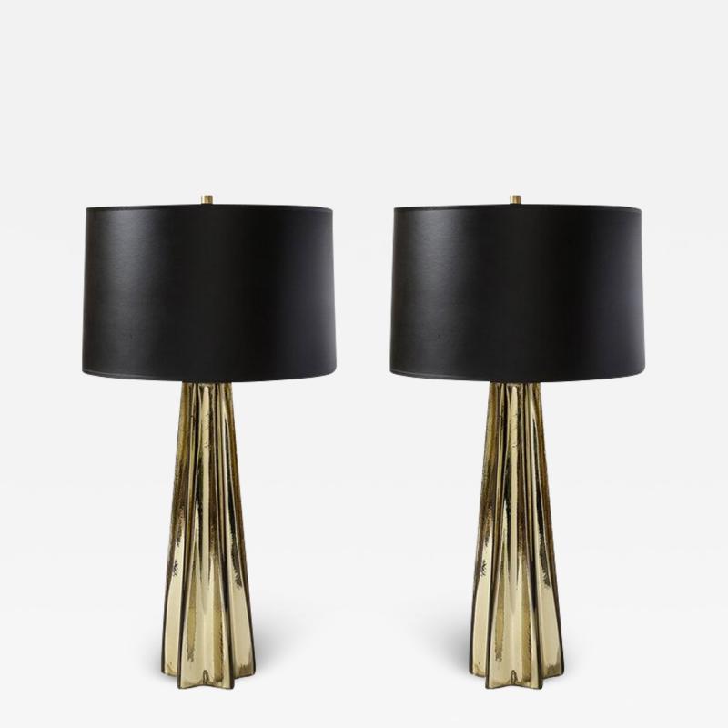 Pair of Modernist X Form Table Lamps in Hand Blown Murano Smoked Gold Glass