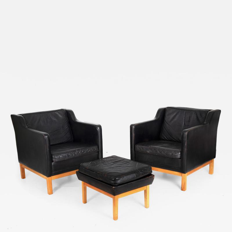 Pair of Mogens Hansen MH195 Black Leather Armchairs with Ottoman Stool