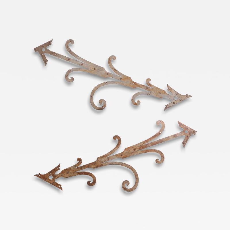 Pair of Monumental French Iron Strap Hinges Scroll and Arrow Form C 1890 