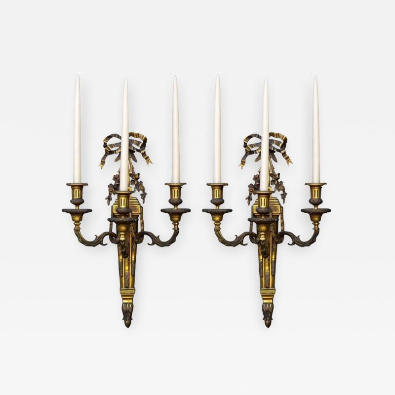 Pair of Monumental Gilt Bronze Louis XVI Style Sconces