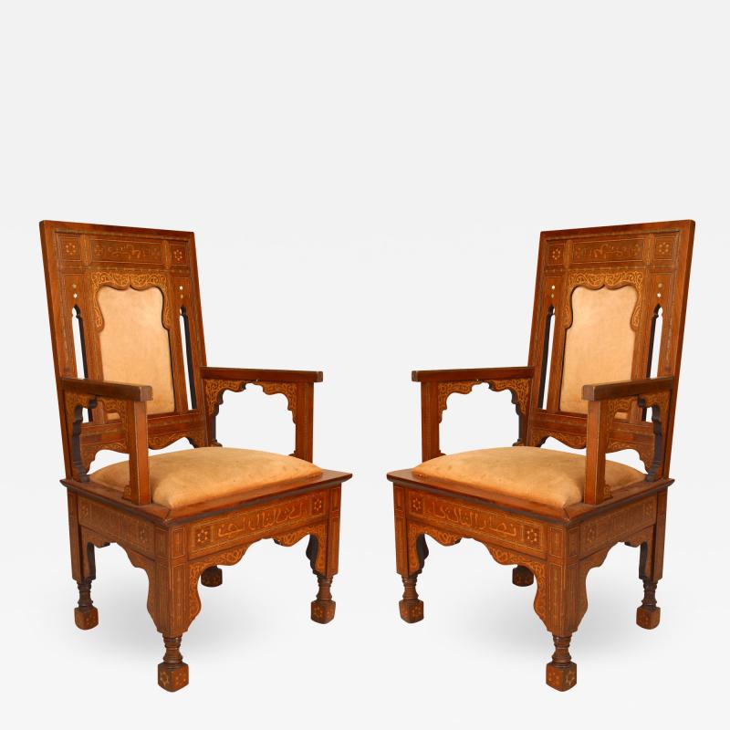 Pair of Moorish Walnut and Suede Arm Chairs