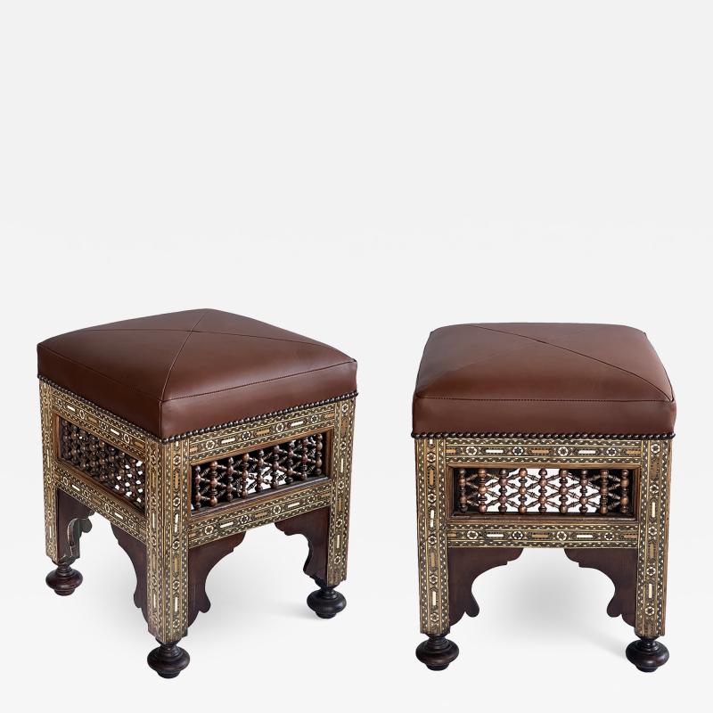 Pair of Moroccan Carved and Inlaid Square Leather Upholstered Stools