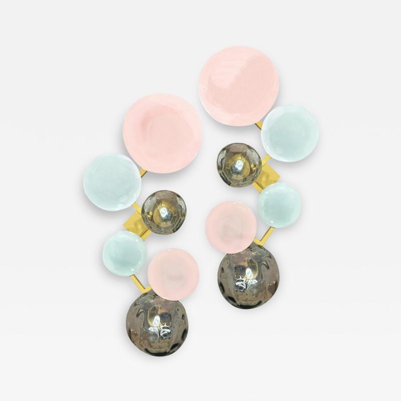Pair of Multi Color Murano Glass Globe and Brass Sconces