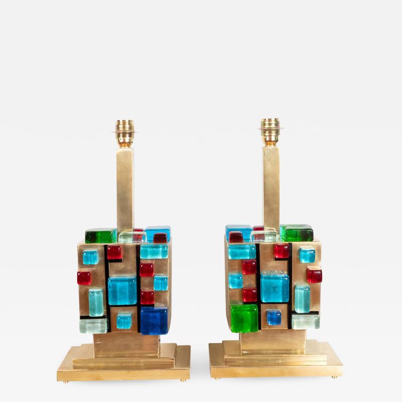 Pair of Multicolored Murano Glass and Brass Geometric Square Lamps Italy 2019