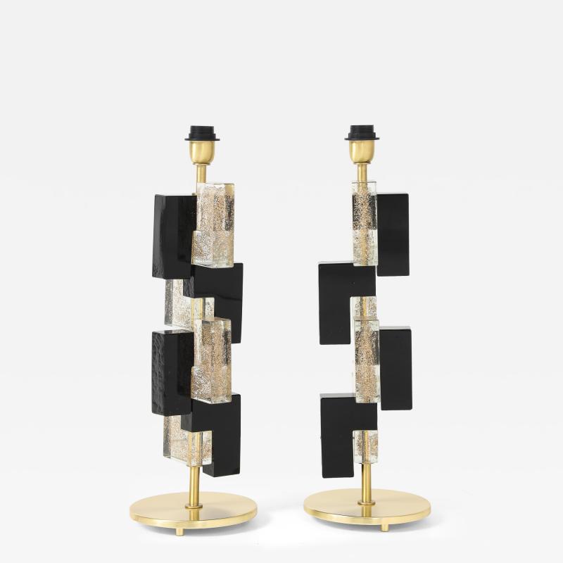 Pair of Murano Glass Table Lamps with 24K Gold and Black Glass Blocks Italy