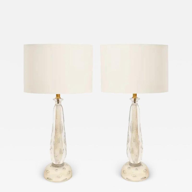 Pair of Murano White Sommerso Glass Lamps with Bullicante and Avventurina 1950s