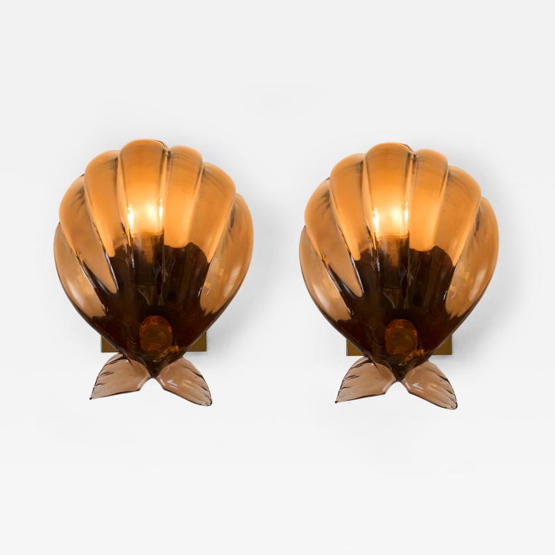 Pair of Murano bronze glass scallop shell wall lghts
