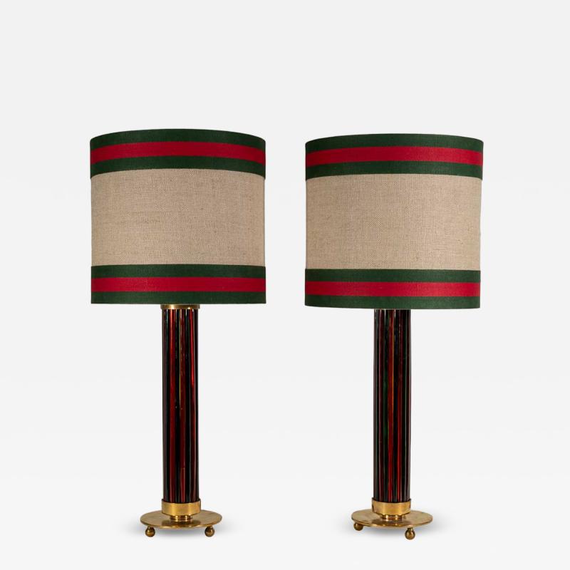 Pair of Murano glass rods on brass metal table lamps