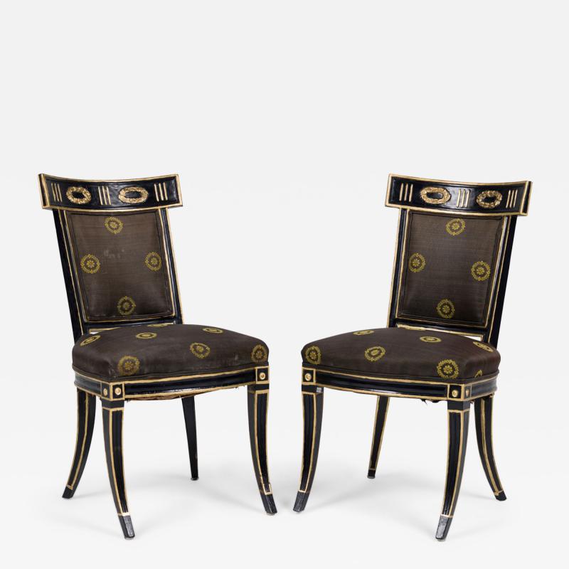 Pair of Neo Classic Black Painted and Gilt Upholstered Dining Side Chairs