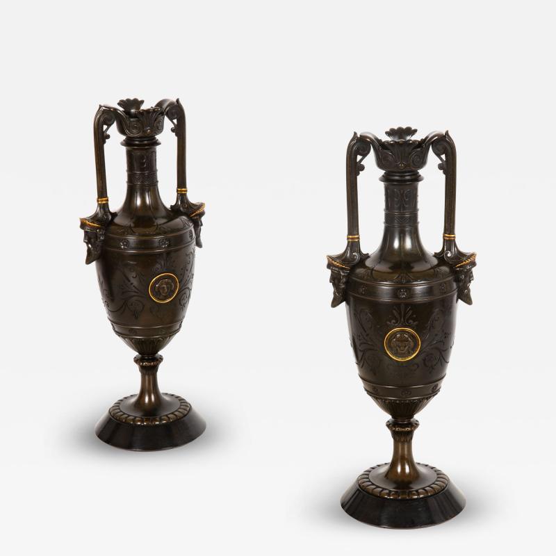 Pair of Neo Greco Bronze and Marble Urns Vases with Candlestick circa 1880