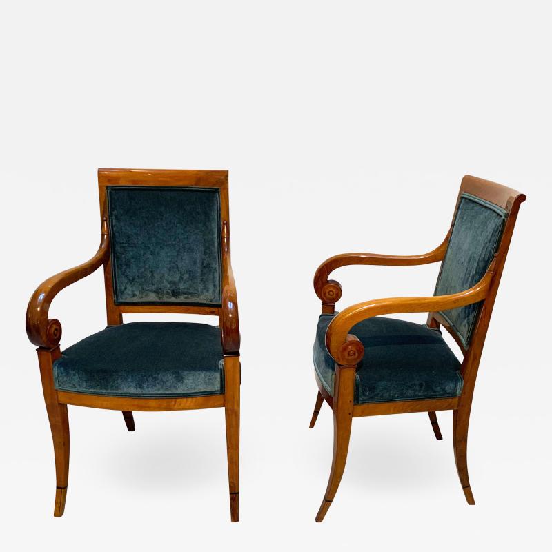 Pair of Neoclassical Armchairs Walnut Solid Green Velvet France circa 1830