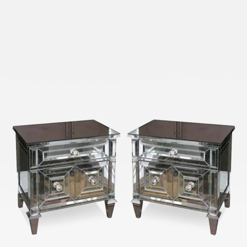 Pair of Neoclassical Modern Mirrored Cabinet Nightstands