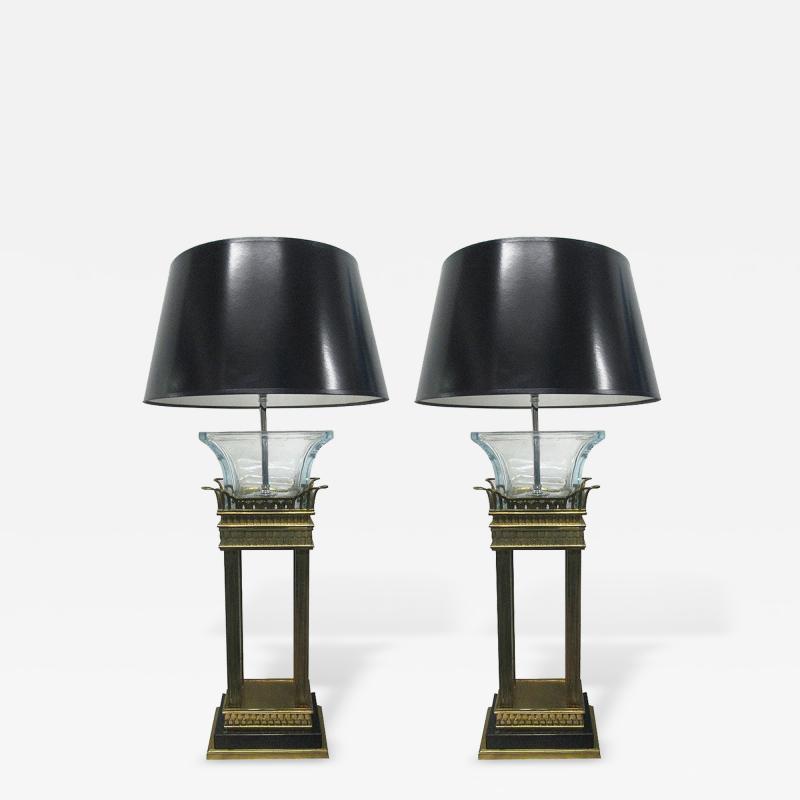 Pair of Neoclassical Style Bronze and Glass Column Lamps