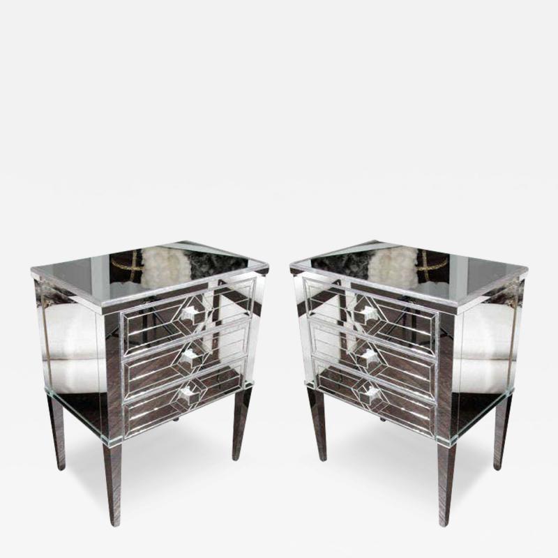 Pair of Neoclassical Style Silver Trim 3 Drawer Diamond Mirrored Nightstands