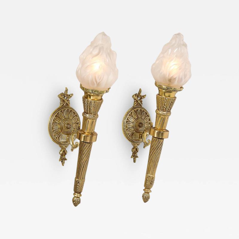 Pair of Neoclassical Torch Sconces in Frosted Glass and Antique Brass