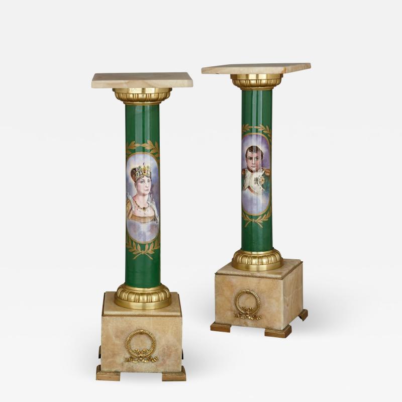 Pair of Neoclassical style gilt bronze and porcelain pedestals