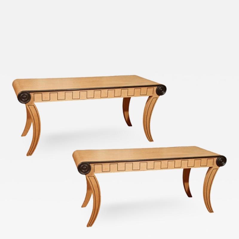 Pair of Oak Neo Classical Benches with Greek Key Design